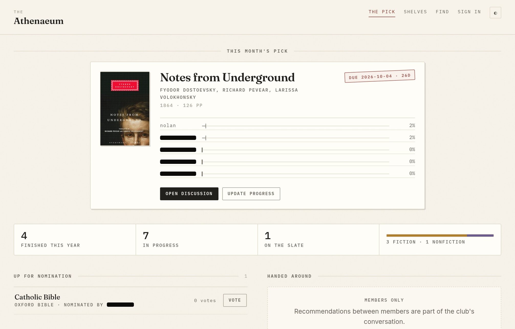 The Athenaeum, a book club site, shown on desktop